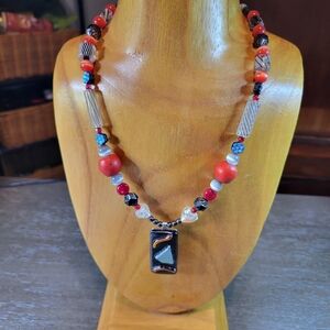 Black & Red Fused Glass Necklace Handmade OOAK with Vintage Coral Trade Beads